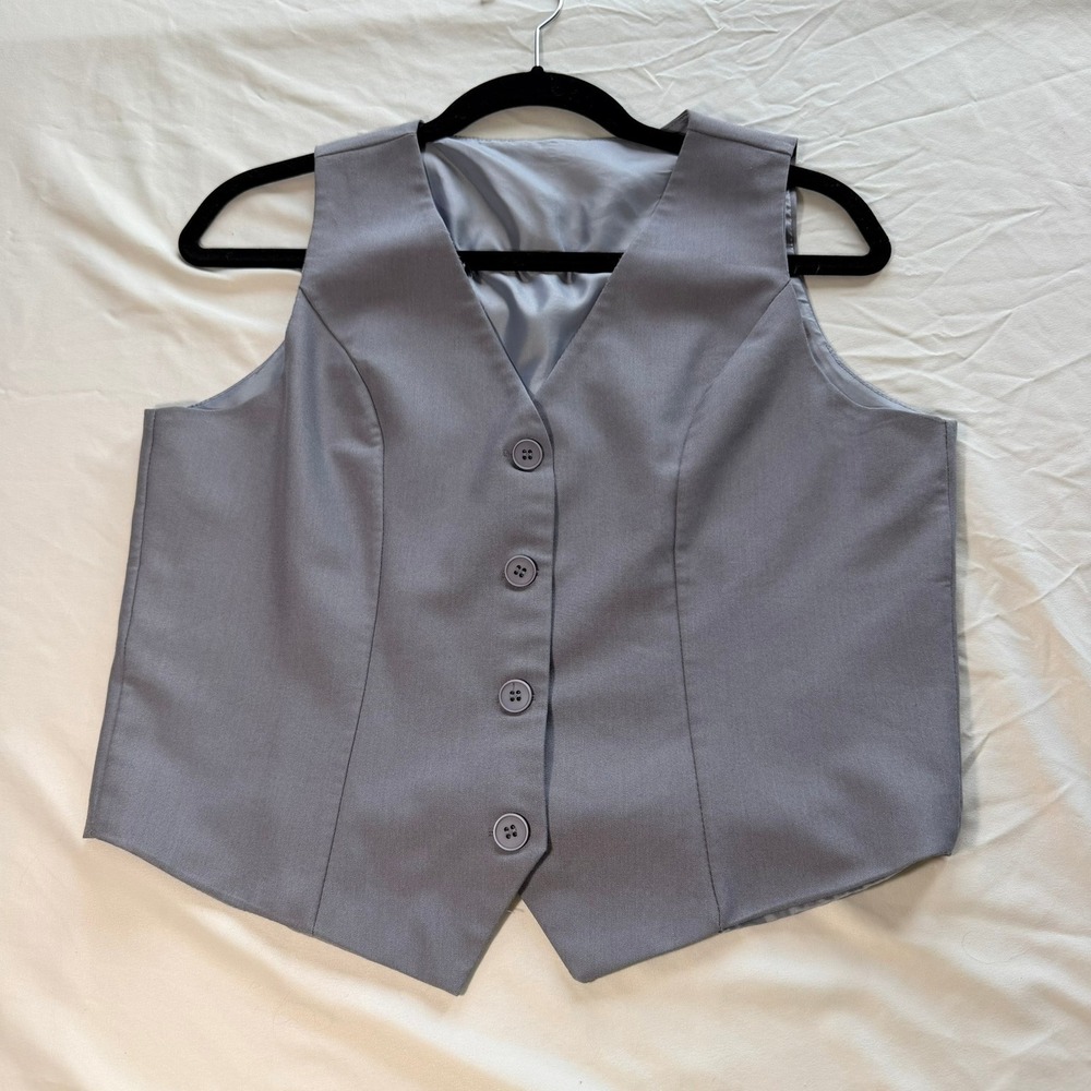 Cropped Grey Button Front Tailored Vest V-Neck Lined Sleeveless Waistcoat Large